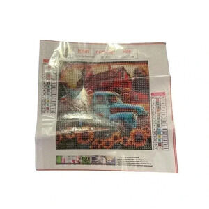 blue farm truck with barn and sunflowers size 20x20 cm diamond painting